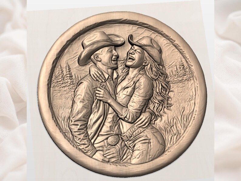 Laughing Cowboy and Cowgirl Round Bas-Relief STL bas-relief STL — view 2