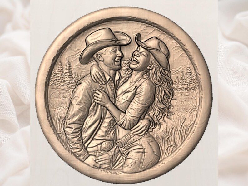 Laughing Cowboy and Cowgirl Round Bas-Relief STL bas-relief STL — view 3