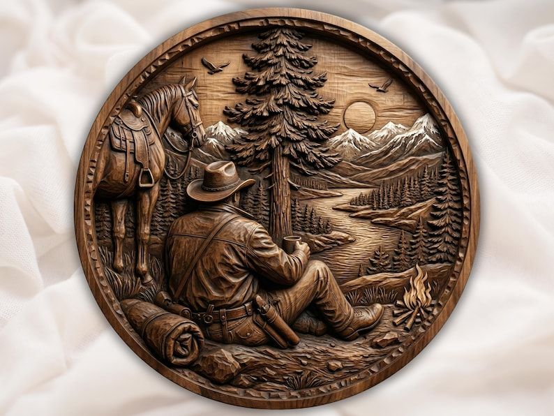 Round wood relief carving of a cowboy resting by a campfire with his saddled horse and a mountain river behind a pine tree.
