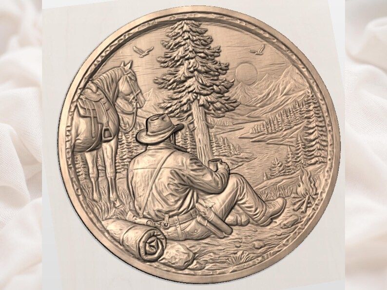 Cowboy Resting by the Campfire With His Horse Relief STL bas-relief STL — view 2