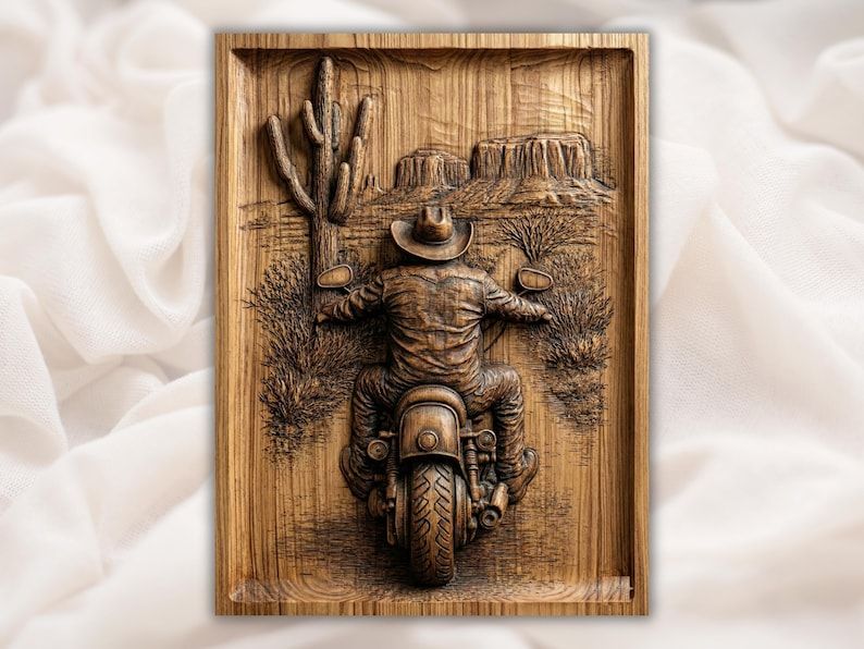 Wood-carved bas-relief of a cowboy on a motorcycle riding through a desert with cactus and a mesa.