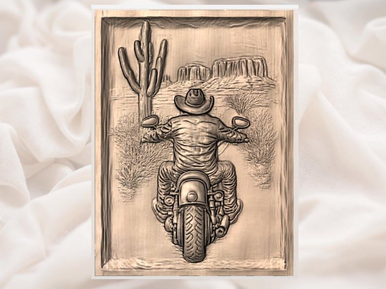Cowboy Biker Riding Through Desert Mesa 3D Relief STL bas-relief STL — view 3