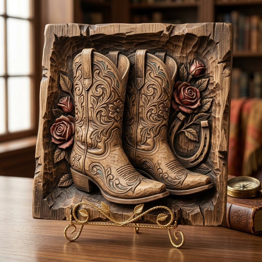 Western Cowboy Boots Roses Horseshoe CNC Relief STL bas-relief STL — view 4