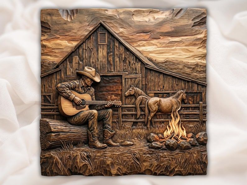 Carved wood relief of a cowboy playing guitar by a campfire with a horse and barn behind him at sunset