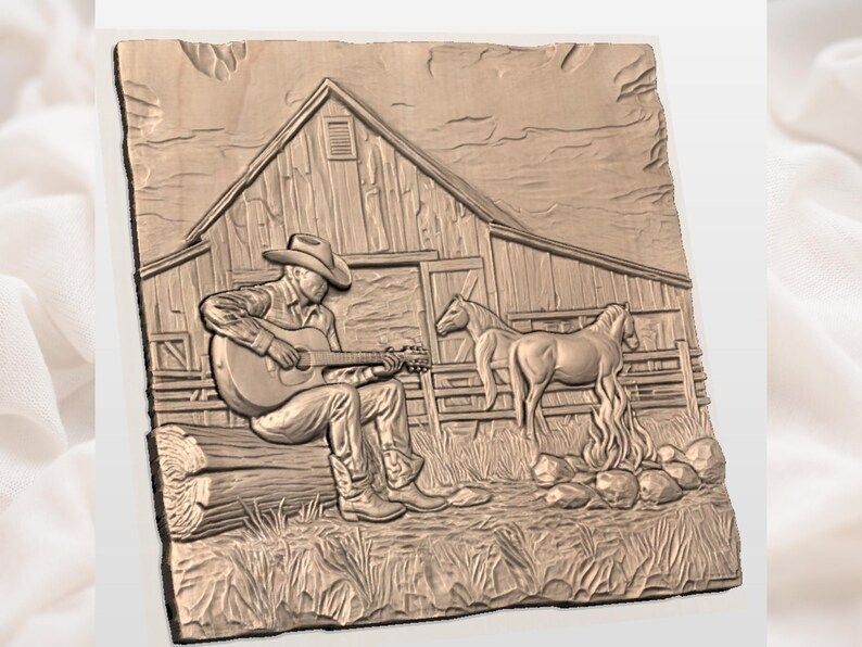Cowboy Playing Guitar by the Campfire Bas-Relief STL bas-relief STL — view 2