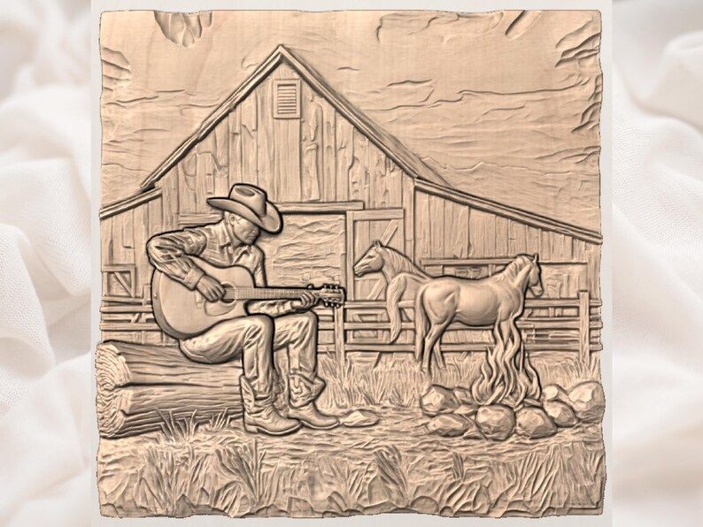 Cowboy Playing Guitar by the Campfire Bas-Relief STL bas-relief STL — view 3