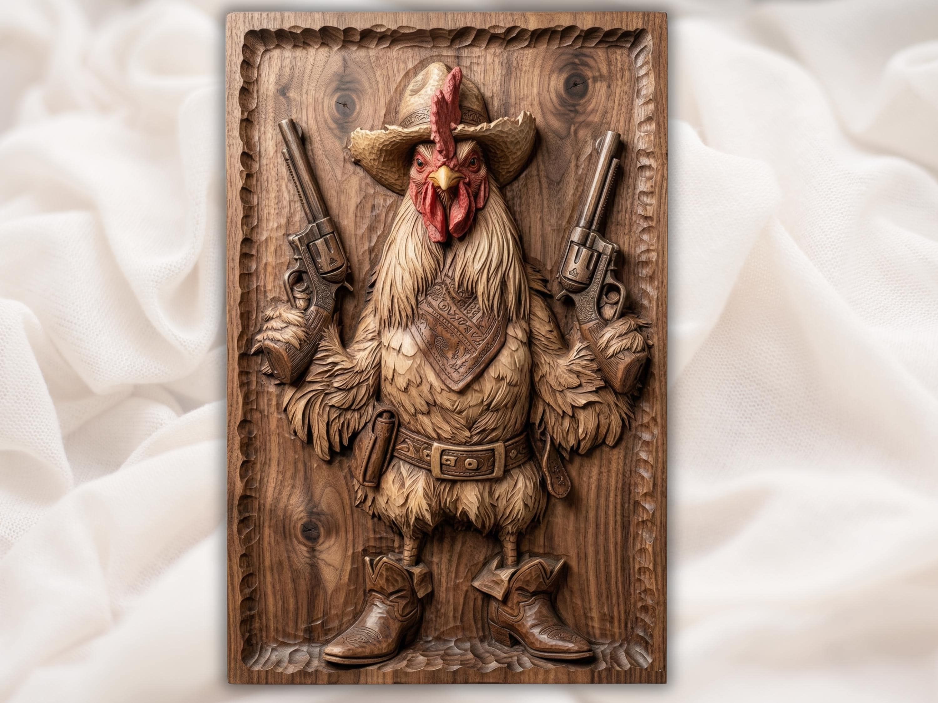 Bas-relief wood carving of a rooster wearing a cowboy hat, bandana, belt with revolver, and cowboy boots