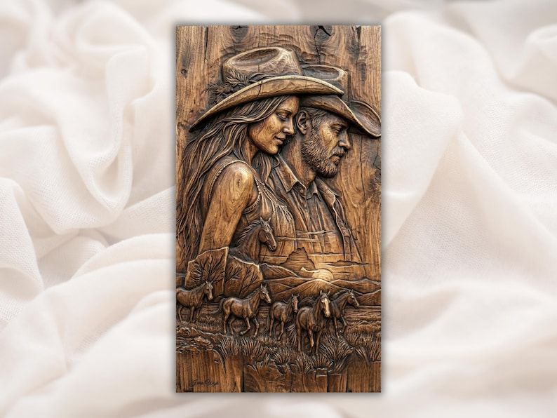 Wood bas-relief carving of a cowboy and cowgirl under hats with a running horse herd and desert sunset