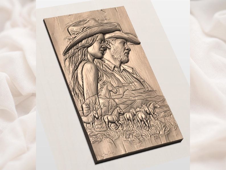 Cowboy and Cowgirl at Sunset STL with Running Horse Herd bas-relief STL — view 2
