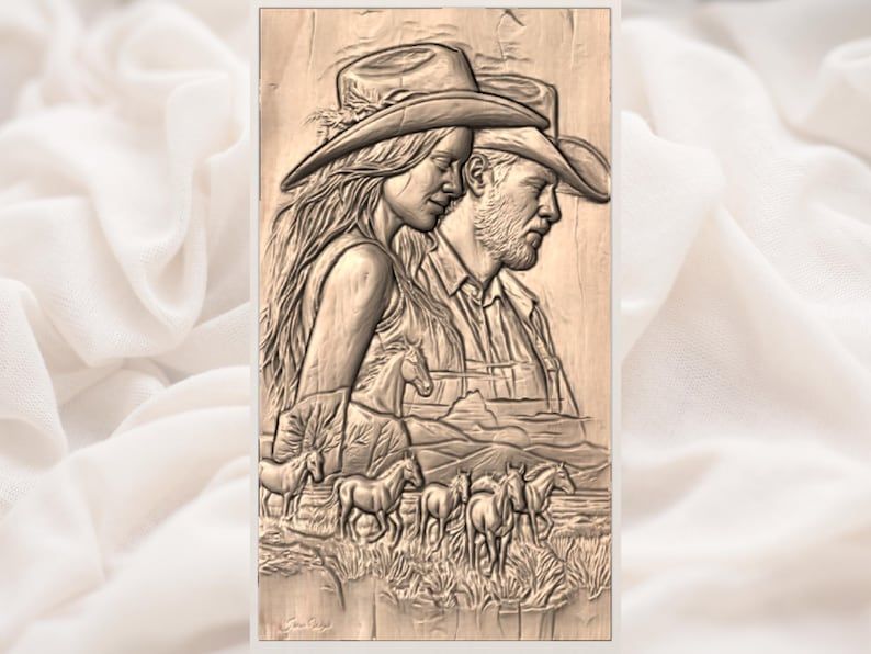 Cowboy and Cowgirl at Sunset STL with Running Horse Herd bas-relief STL — view 3