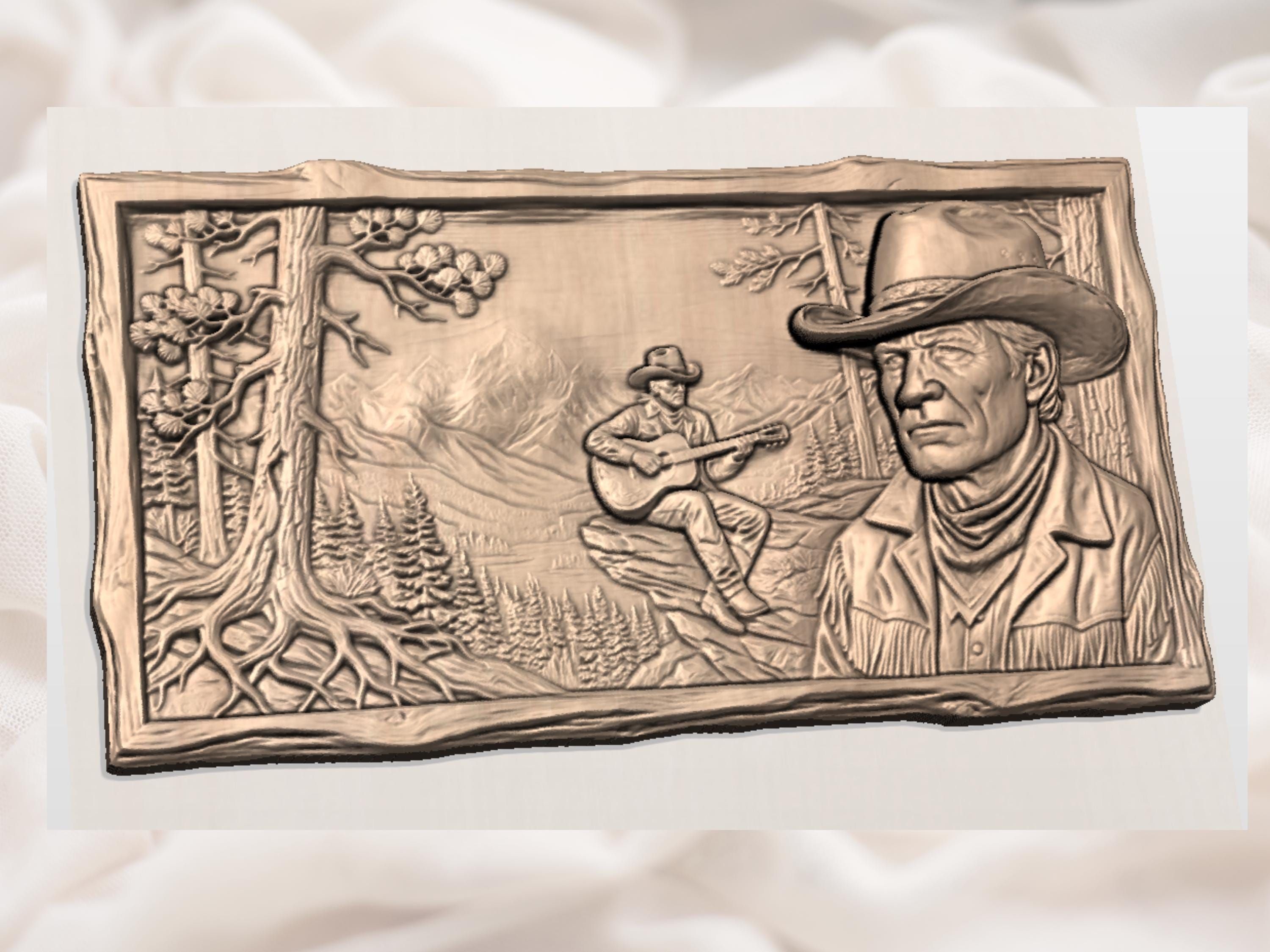 Cowboy Playing Guitar on Mountain Ridge Bas-Relief STL bas-relief STL — view 2