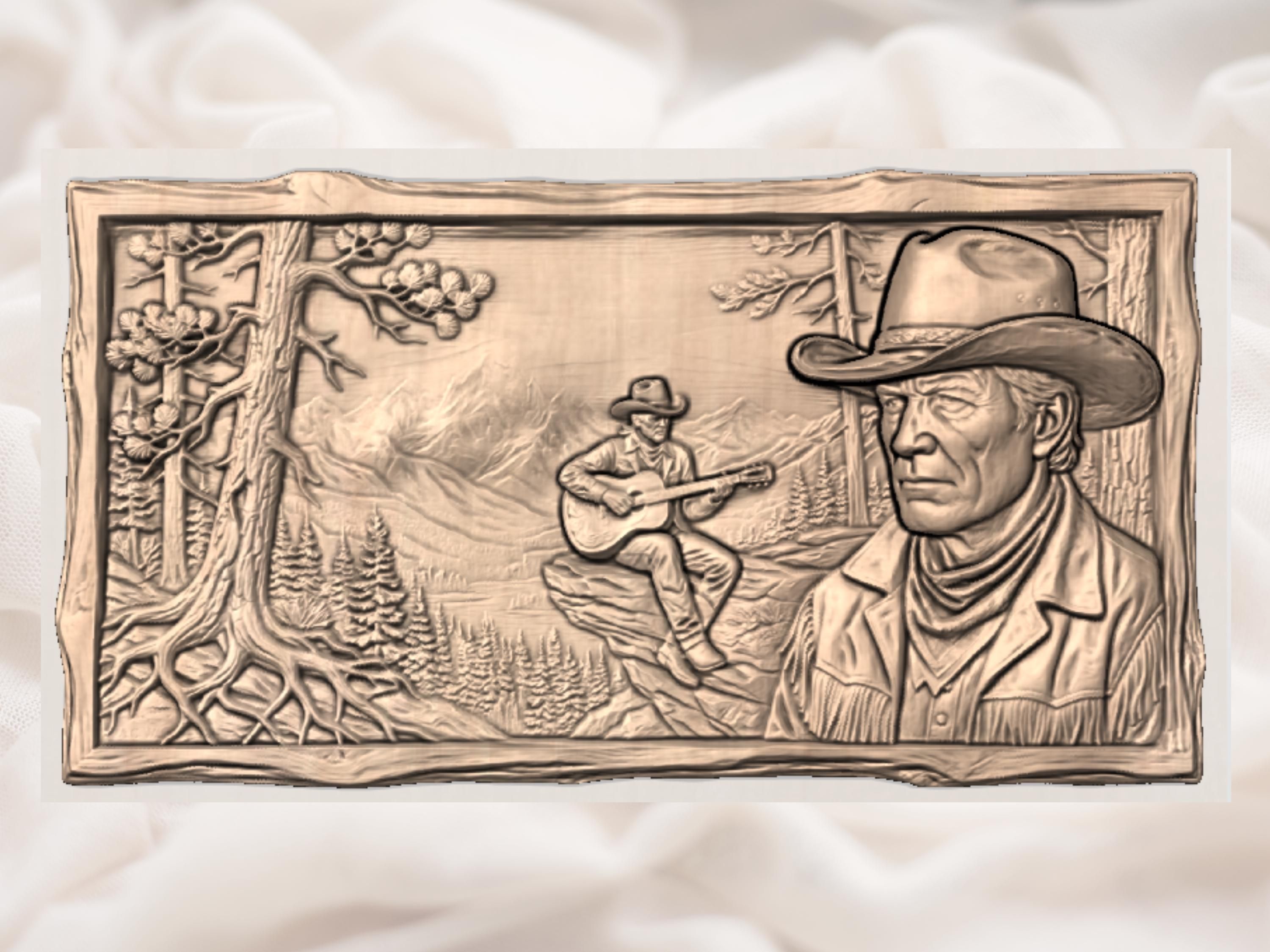 Cowboy Playing Guitar on Mountain Ridge Bas-Relief STL bas-relief STL — view 3