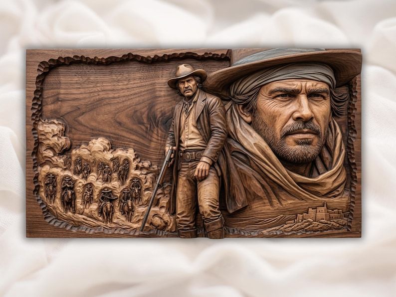 Carved wood relief of a rugged cowboy face, a standing gunslinger with a rifle, and a posse riding through desert dust.