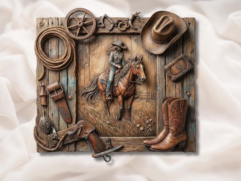Bas-relief carving of a cowgirl on horseback framed by boots, hat, rope, spurs and rustic wood