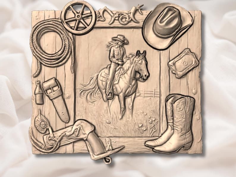 Cowgirl on Horseback Western Ranch Gear Collage Bas-Relief STL bas-relief STL — view 3