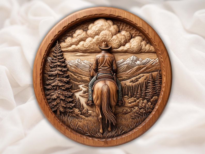 Round bas-relief wood carving of a cowboy on horseback overlooking a mountain valley, river, and pine trees