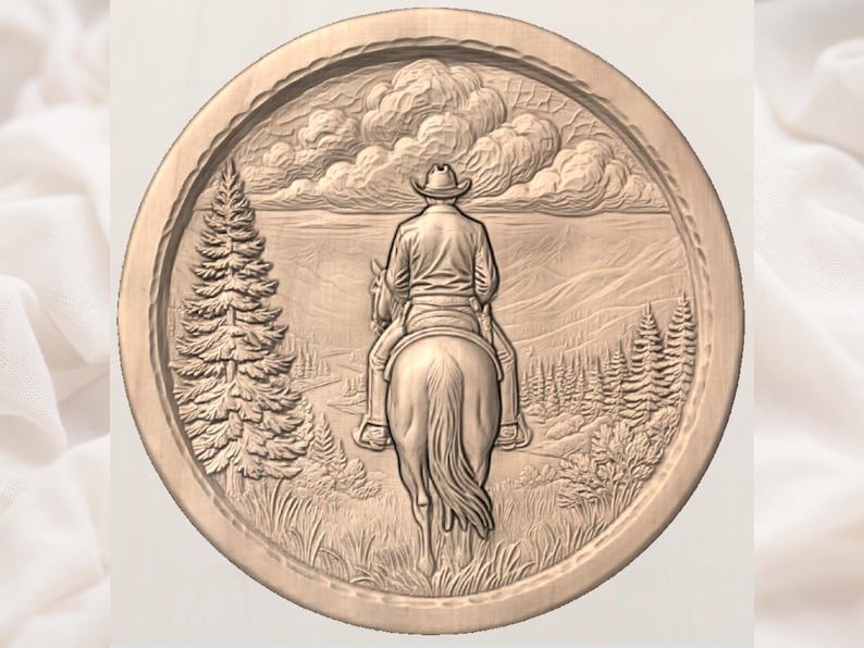 Cowboy on Horseback Valley Ride Round Bas-Relief STL bas-relief STL — view 3