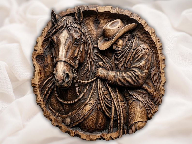 Carved round wood relief of a cowboy in hat and fringe jacket standing beside his horse holding a rope.