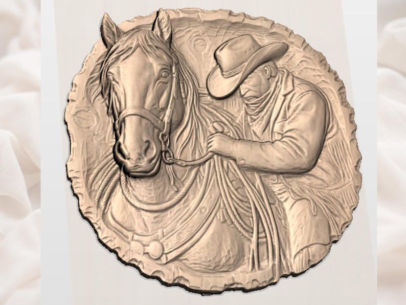 Cowboy and Horse Round Relief, Western Ranch STL Carving bas-relief STL — view 2
