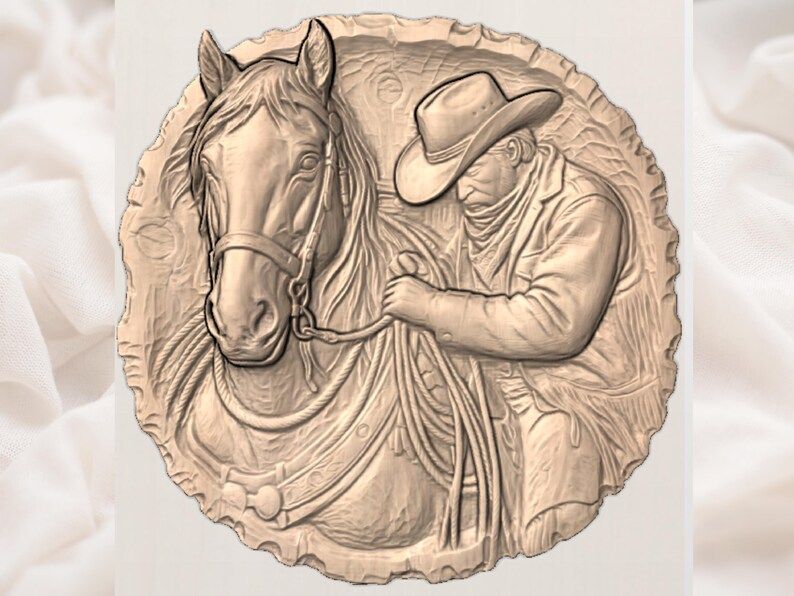 Cowboy and Horse Round Relief, Western Ranch STL Carving bas-relief STL — view 3