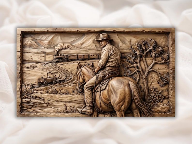 Carved wood relief of a cowboy on horseback watching a steam train cross a desert with a Joshua tree and mountains.