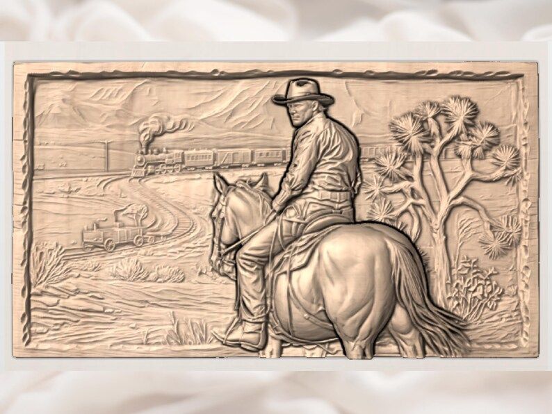 Cowboy on Horseback Watching the Desert Steam Train Relief bas-relief STL — view 2