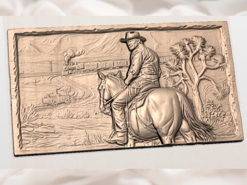 Cowboy on Horseback Watching the Desert Steam Train Relief bas-relief STL — view 3