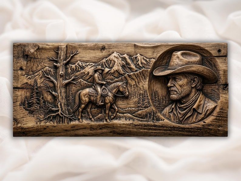 Carved wood bas-relief of a cowboy riding a horse by mountains beside a rancher portrait in a hat