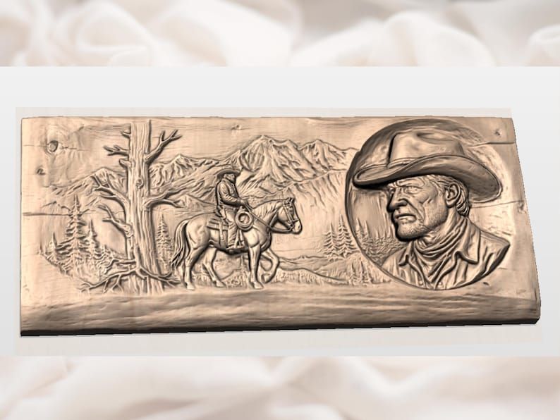 Cowboy on Horseback and Rancher Portrait Bas-Relief Scene bas-relief STL — view 2