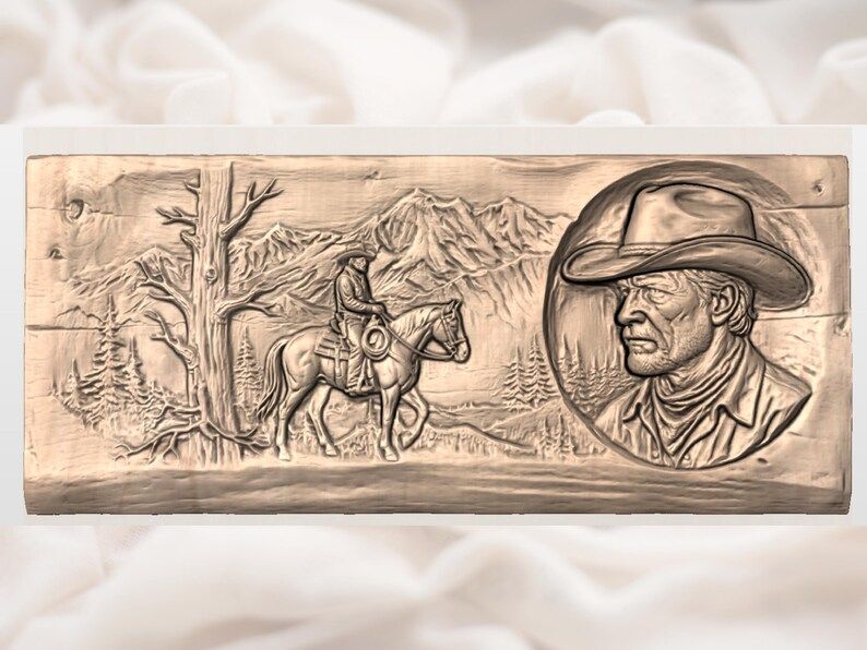 Cowboy on Horseback and Rancher Portrait Bas-Relief Scene bas-relief STL — view 3