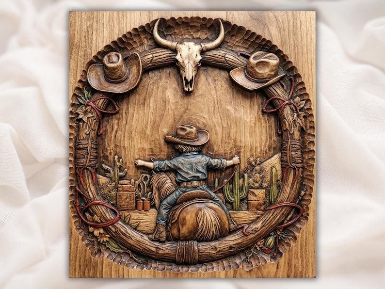 Bas-relief carving of a cowboy riding a horse with a cow skull, hats, lassos and cacti in a rope frame