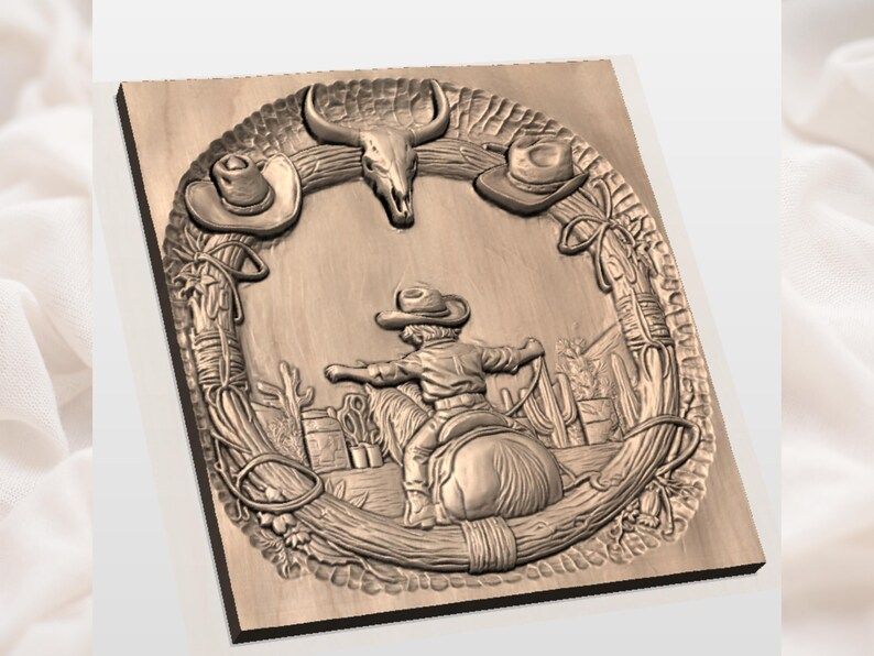 Cowboy Rider and Cow Skull Rope Frame Bas-Relief STL bas-relief STL — view 2