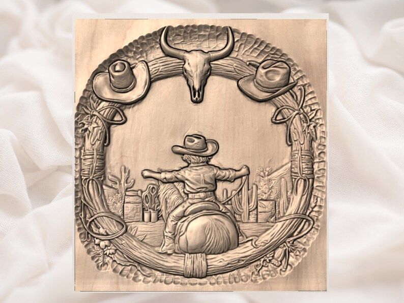Cowboy Rider and Cow Skull Rope Frame Bas-Relief STL bas-relief STL — view 3