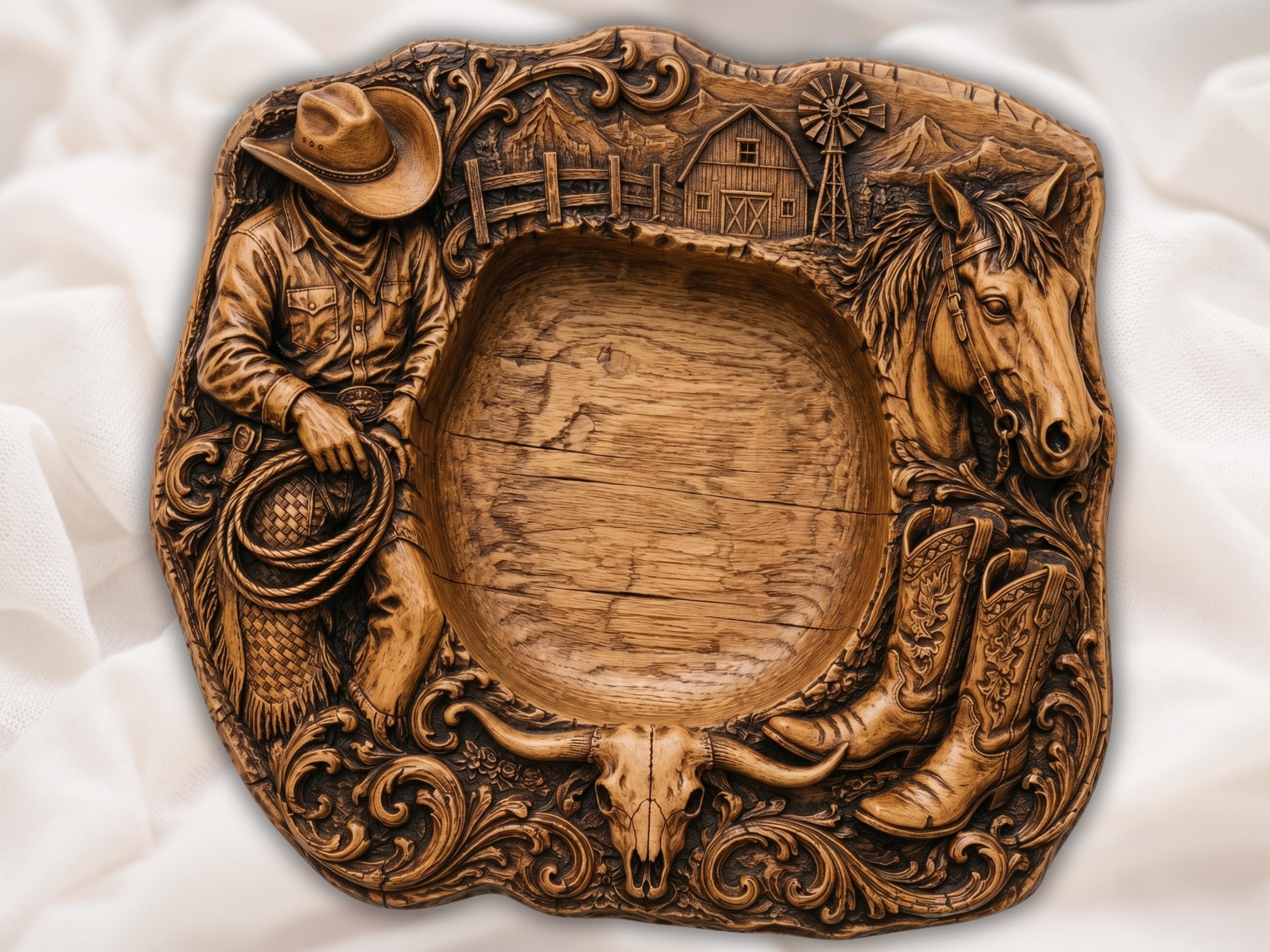 Carved wooden ranch serving tray with barn, mountains, fence and longhorn steer skull around a recessed center