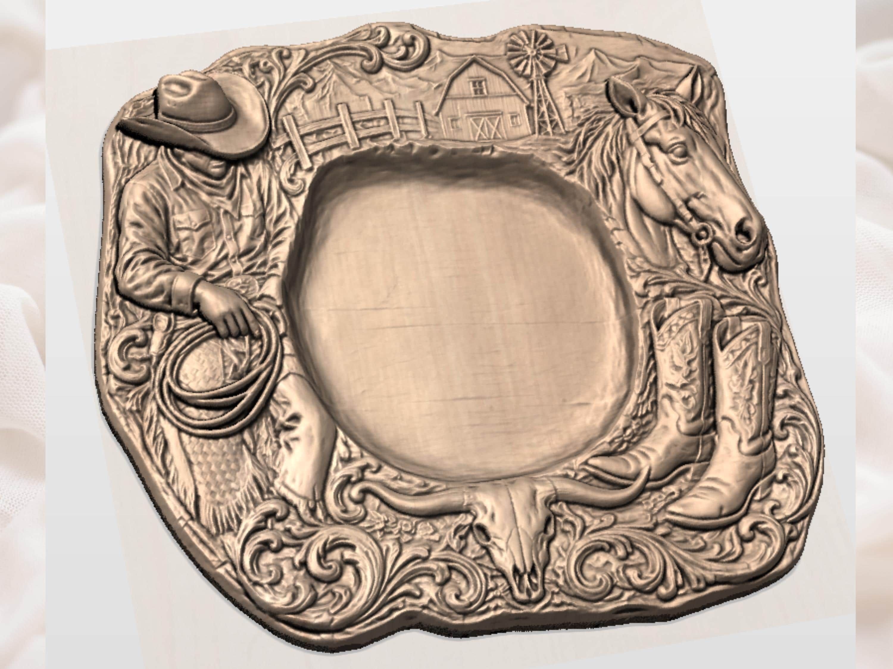 Western Ranch Serving Tray with Barn and Steer Skull STL bas-relief STL — view 2