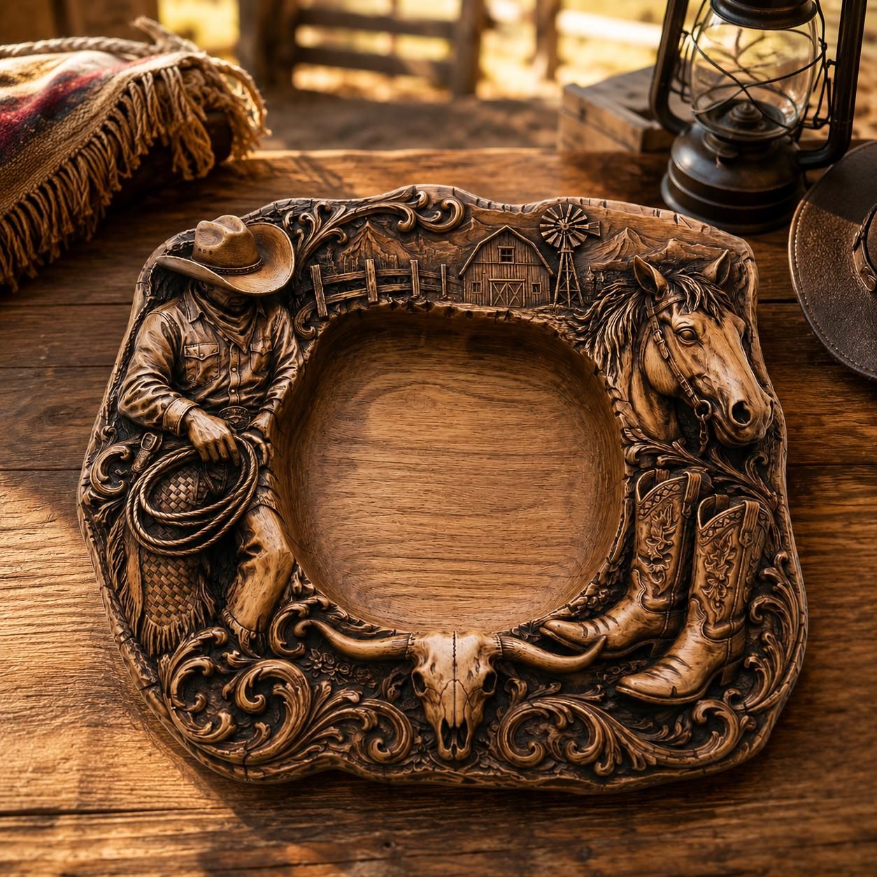 Western Ranch Serving Tray with Barn and Steer Skull STL bas-relief STL — view 3