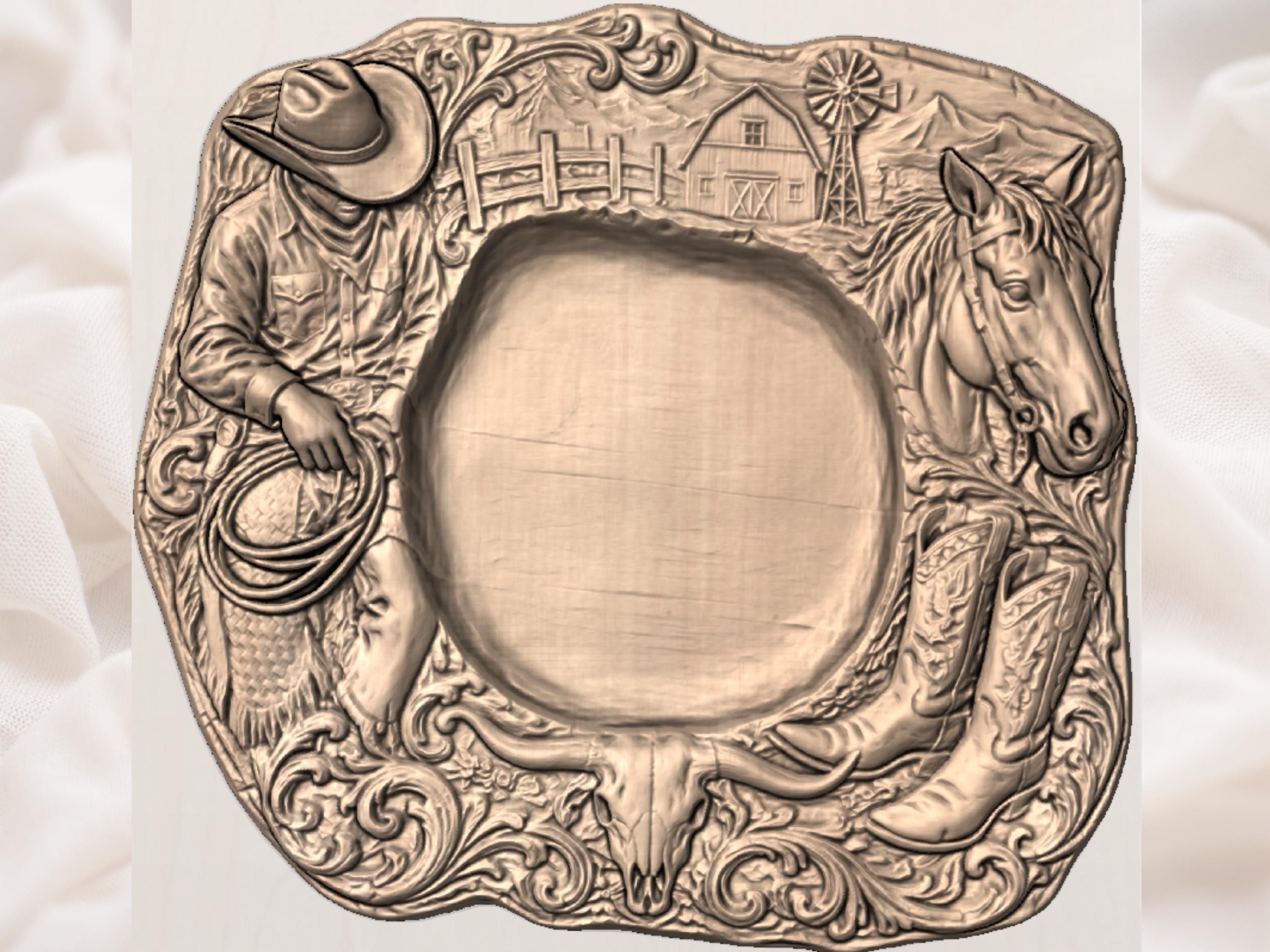Western Ranch Serving Tray with Barn and Steer Skull STL bas-relief STL — view 4