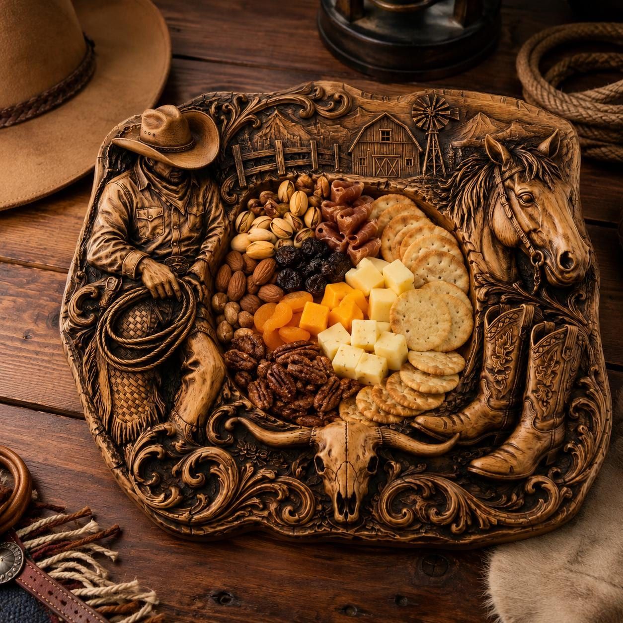 Western Ranch Serving Tray with Barn and Steer Skull STL bas-relief STL — view 5