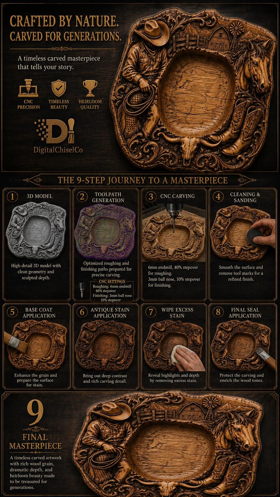 Western Ranch Serving Tray with Barn and Steer Skull STL bas-relief STL — view 6