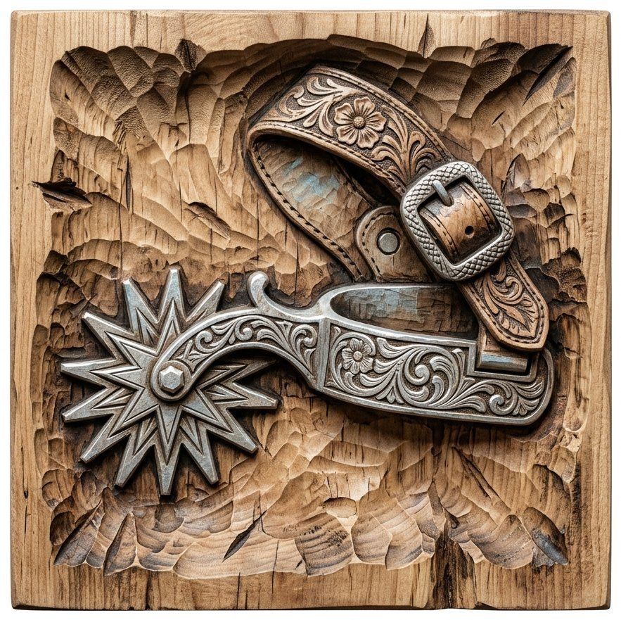 Western Cowboy Spur Wall Art | Rustic Ranch Decor | CNC Wood Carving Model | Decorative Floral Spur Panel | Cowboy Gift Woodworking — carved bas relief STL file for CNC