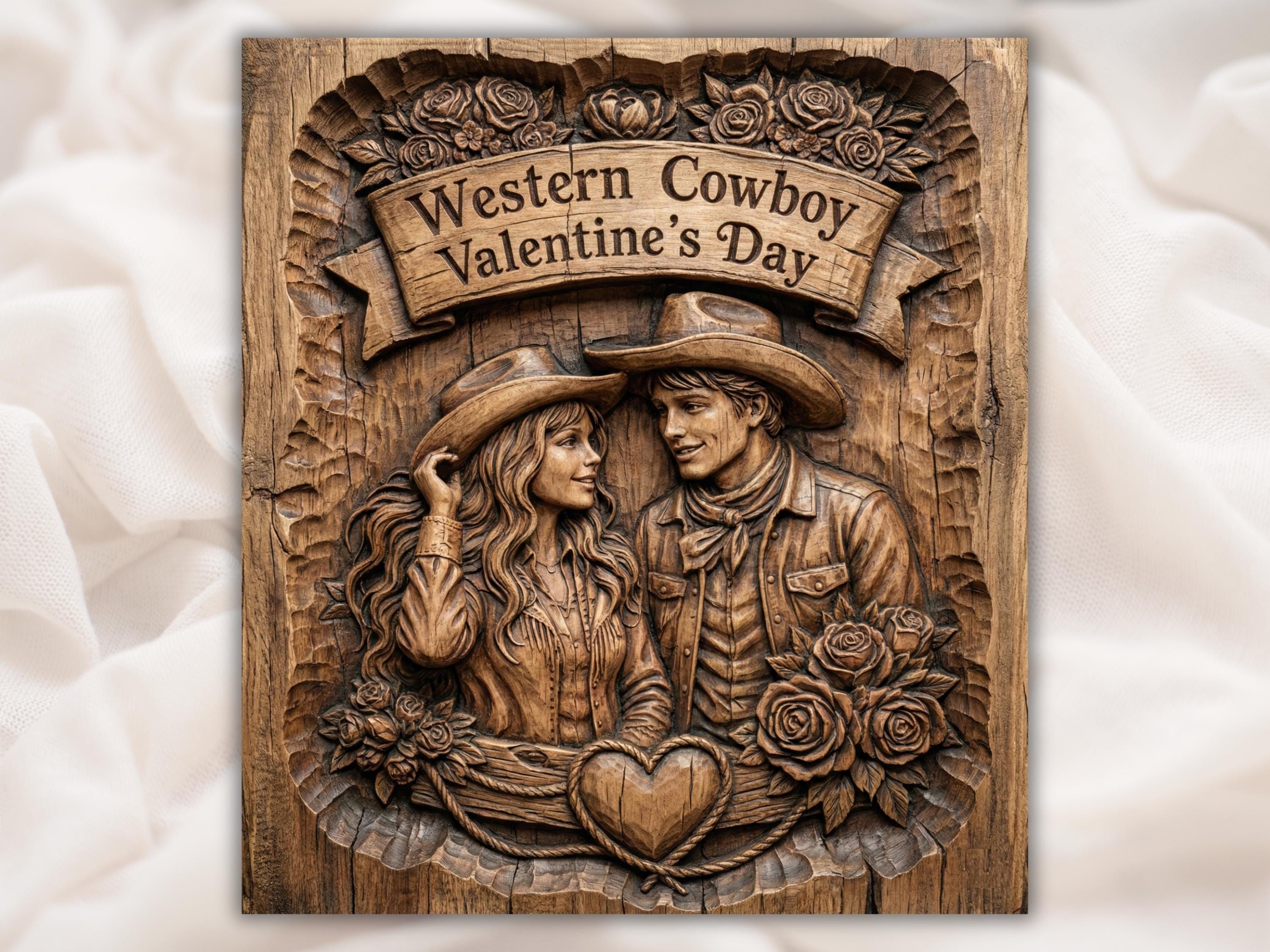 Carved wood relief of a cowboy and cowgirl in hats under a Valentine's Day banner with roses and a rope heart.