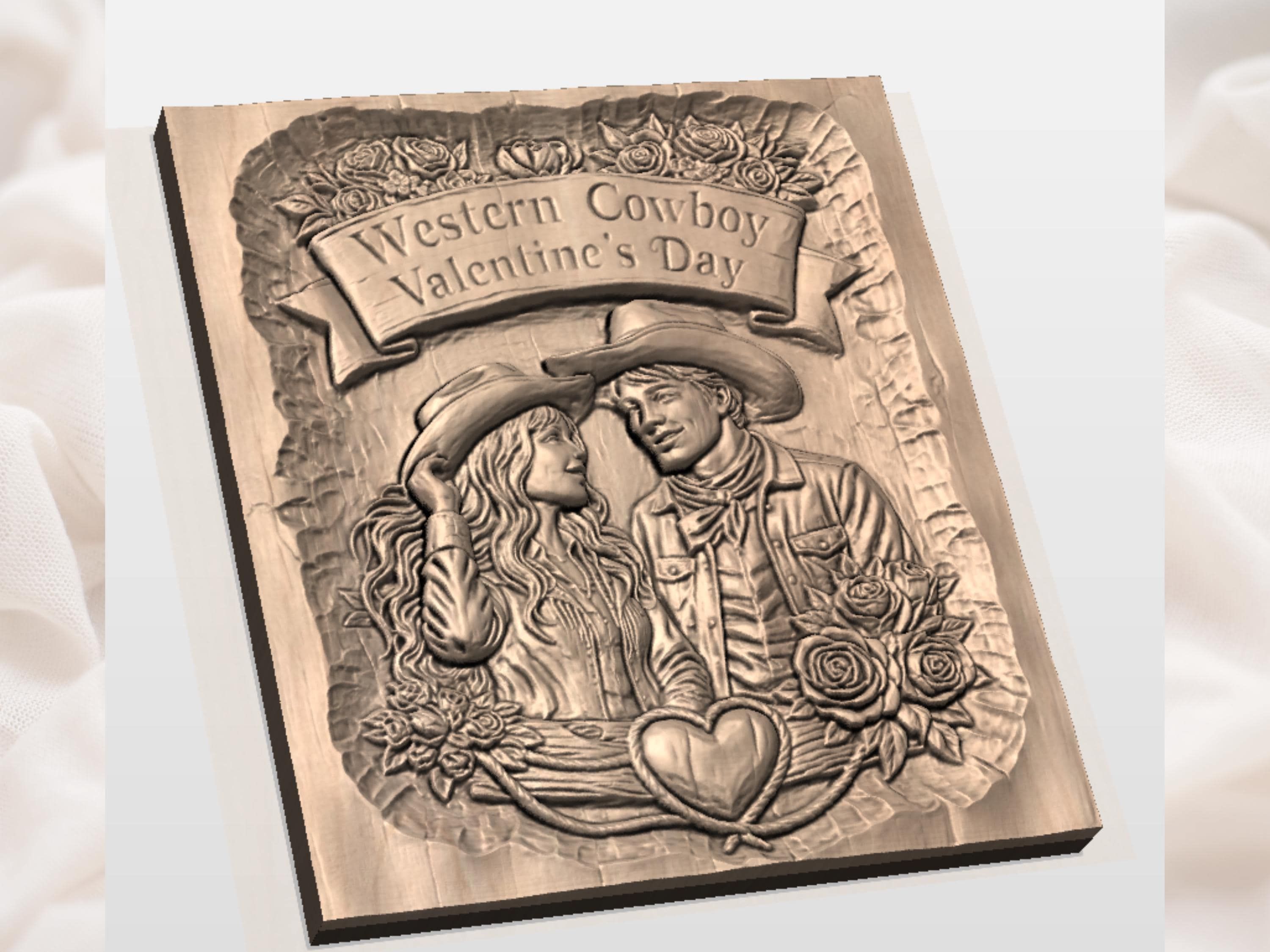 Western Cowboy Valentine Couple Bas-Relief STL with Roses and Heart bas-relief STL — view 2