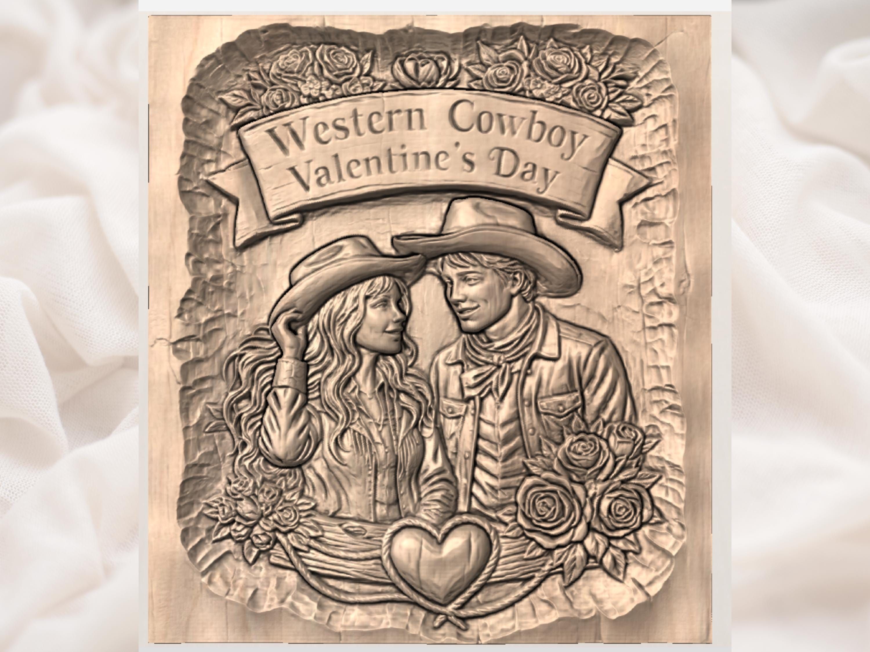 Western Cowboy Valentine Couple Bas-Relief STL with Roses and Heart bas-relief STL — view 3