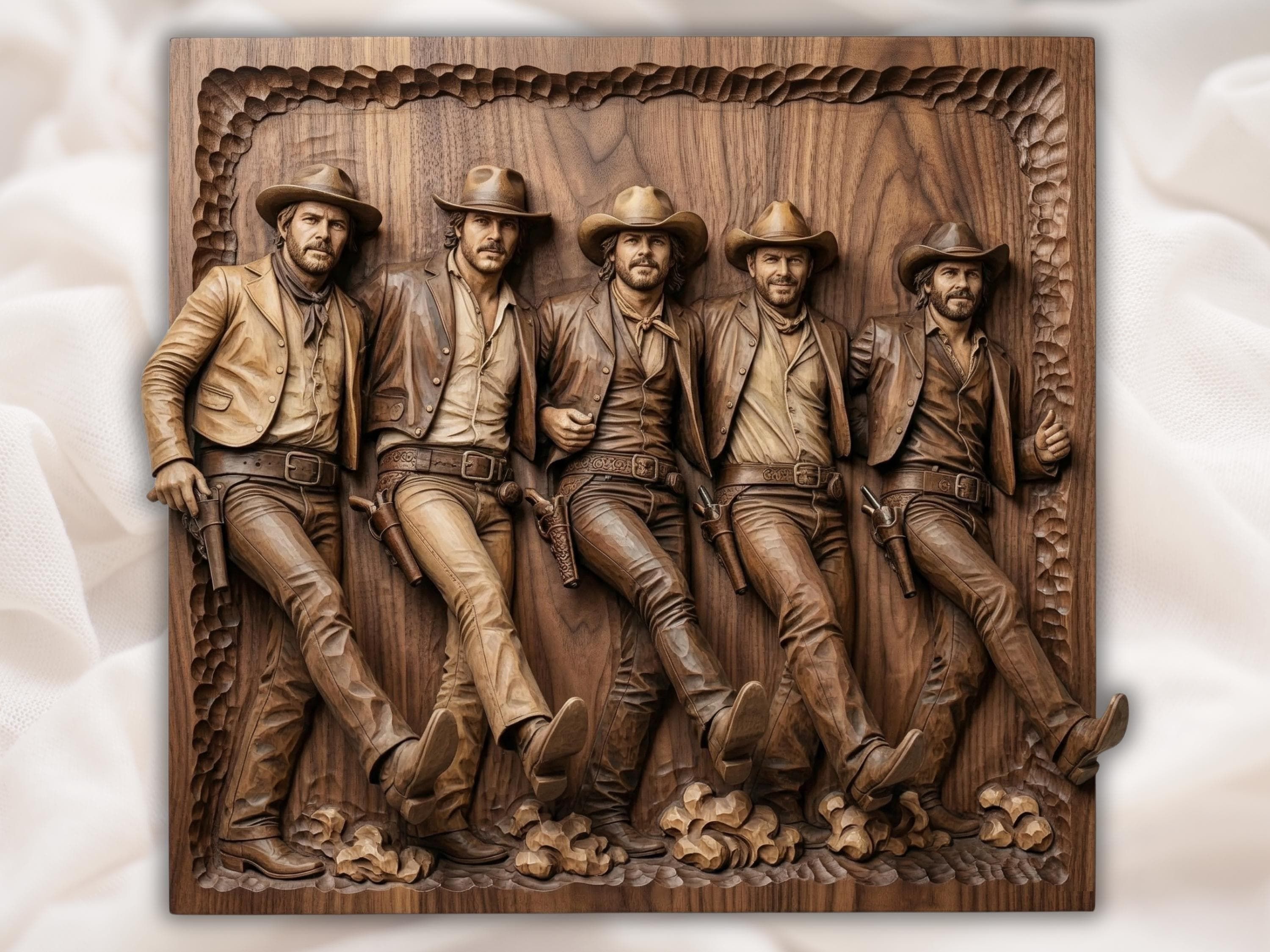 Bas-relief wood carving of three cowboys in hats leaning on a fence with pistols in belts