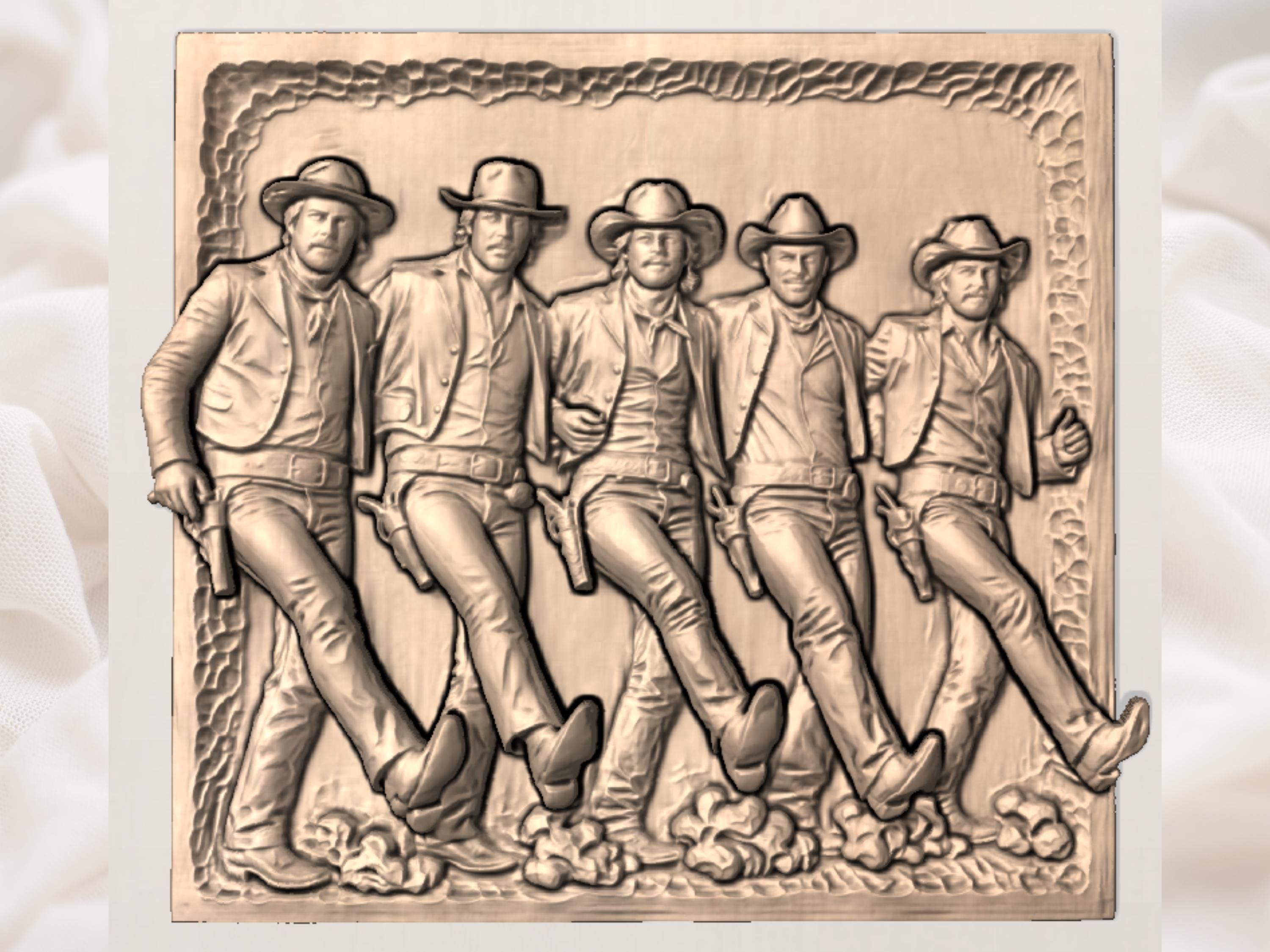 Three Cowboys Leaning on a Fence Bas-Relief STL bas-relief STL — view 3