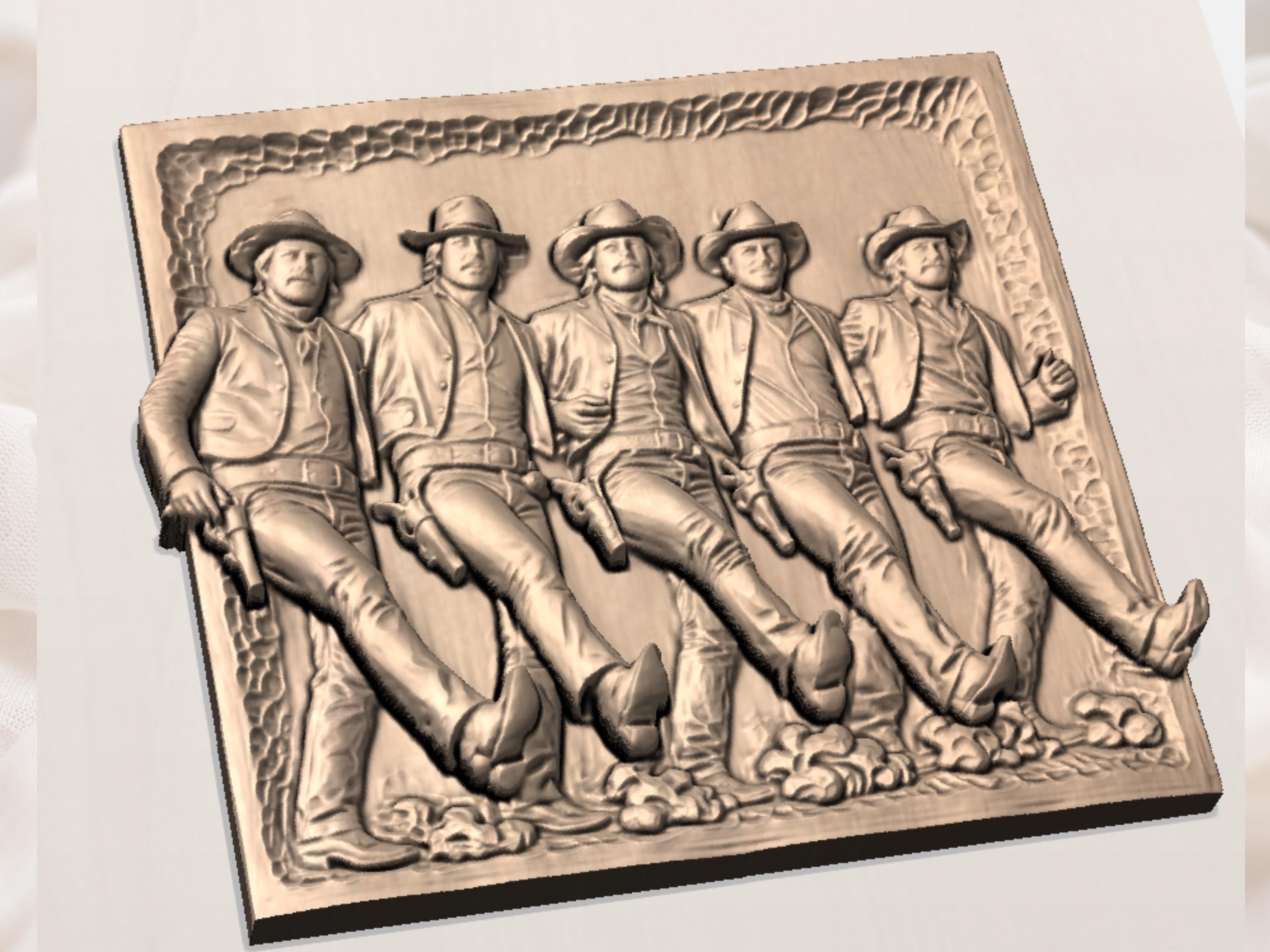 Three Cowboys Leaning on a Fence Bas-Relief STL bas-relief STL — view 4