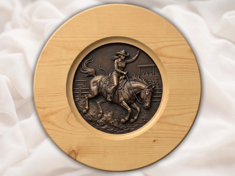 Carved bas-relief of a cowgirl riding a galloping horse with one hand raised, set in a round wood panel.