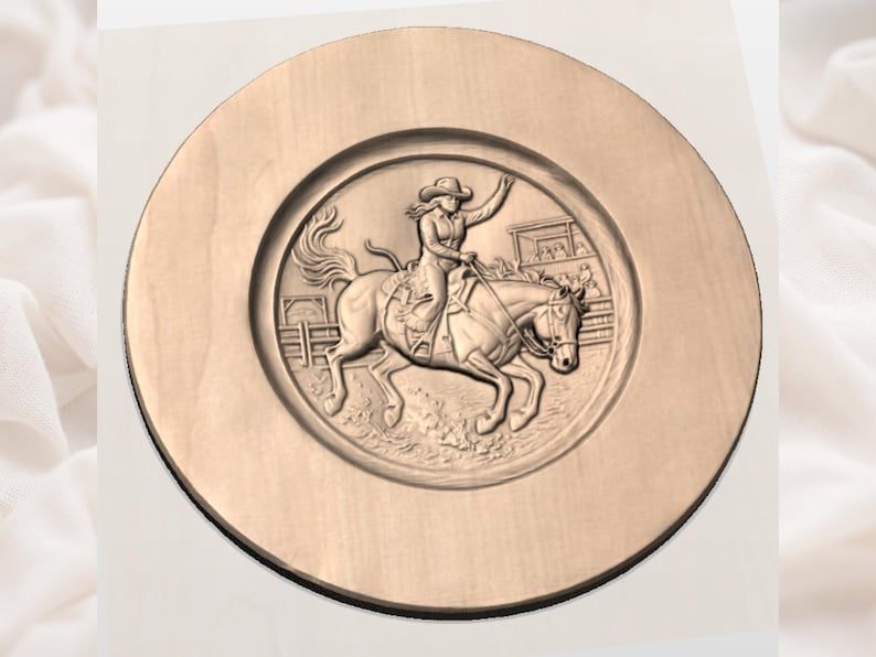Barrel Racing Cowgirl on Horseback Round Bas-Relief STL bas-relief STL — view 2