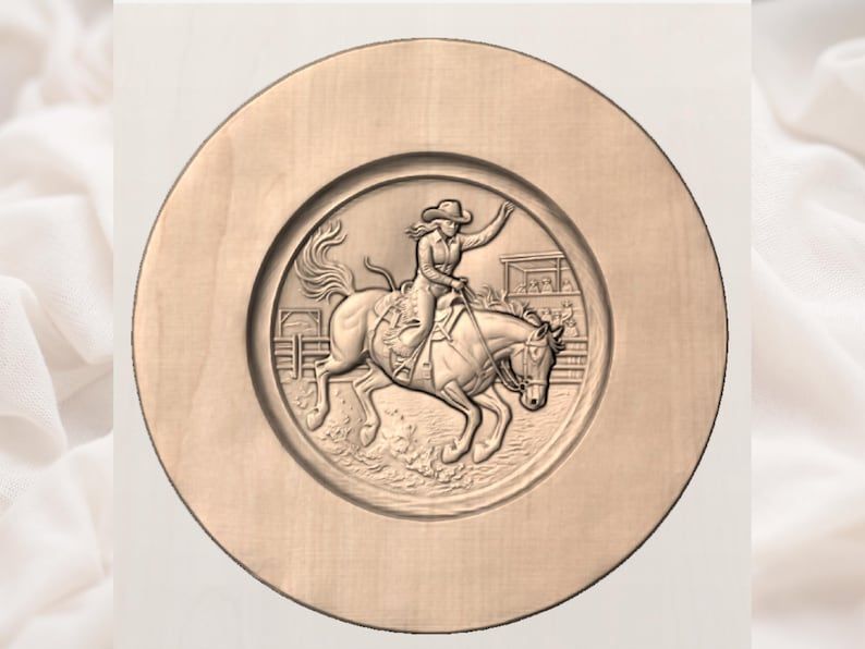 Barrel Racing Cowgirl on Horseback Round Bas-Relief STL bas-relief STL — view 3