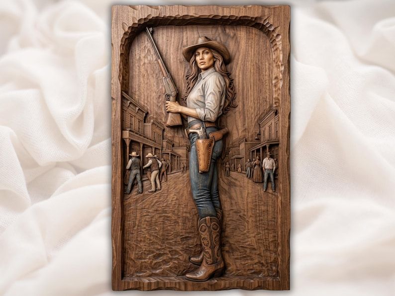 Carved wood relief of a cowgirl holding a rifle on an Old West street with saloon buildings and townspeople